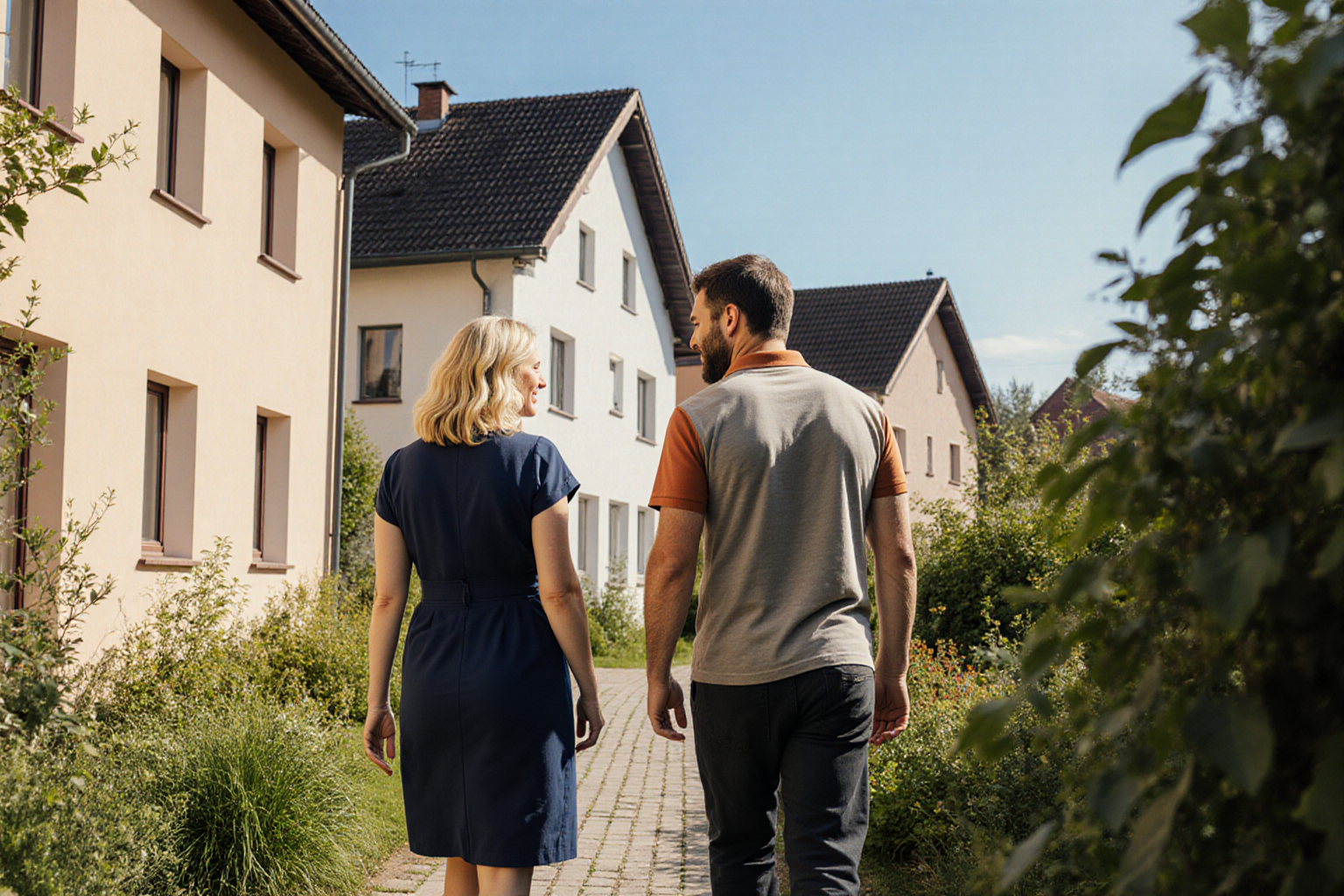 offener gemeinsamer Rundgang durch normale deutsche Wohnanlage, ganze Köpfe und plausible Hände, natürliches Gespräch seitlich/von hinten, helle freundliche Farben und klare normale Hausarchitektur