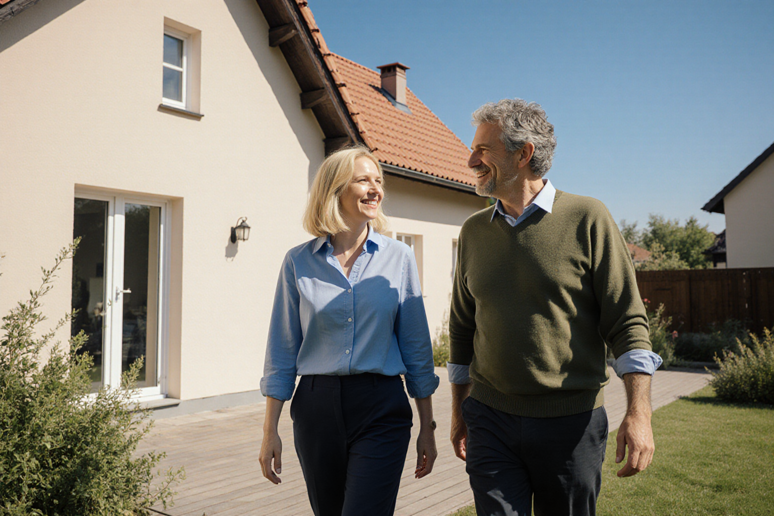 Zwei Erwachsene beim Immobilienrundgang vor einer regionalen Wohnimmobilie