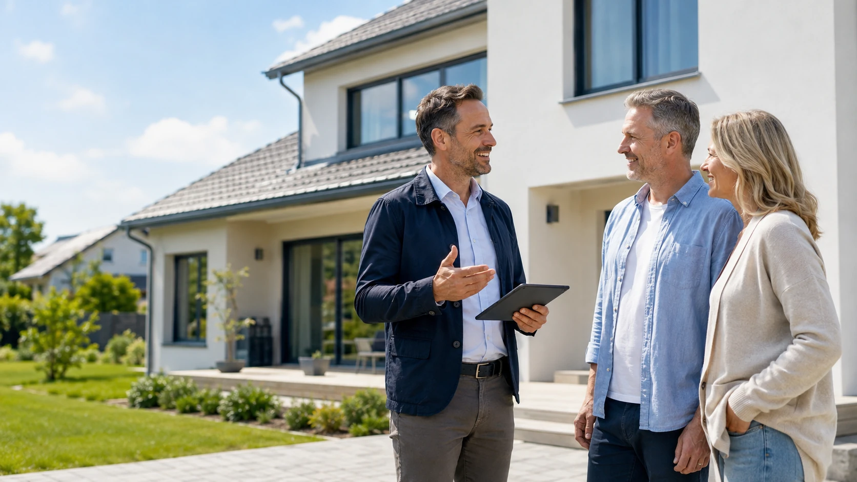 Immobilienberater im Gespräch mit einem Paar vor einem Wohnhaus